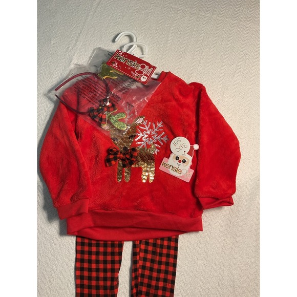 Kensie Girl Holiday Christmas Outfit Set Buffalo Plaid Reindeer Sequins Size 4 - Picture 2 of 6